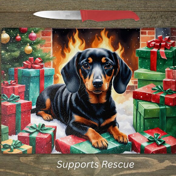 Christmas Black & Tan Dachshund Kitchen Tempered Glass Cutting Board or Trivet - Picture 1 of 1